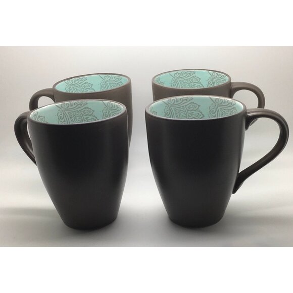 222 Fifth Coffee Mugs 12 oz Chandi Blue Brown Turquoise Flower Design Set Of 4 - Picture 1 of 2
